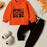 Buy 1 Get 1 Free, 2 Pcs Adorable Toddler Baby Boy Halloween Outfits - Long Sleeve Letter Print Sweatshirt and Casual Pants Set for Fall Winter - Soft, Comfortable, and Cozy Clothes for Little Ones