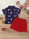 2pcs Boy's Gentleman Santa Pattern Outfit, Short Sleeve Bowtie Shirt & Shorts Set for Daily & Outdoor Wear, Christmas Gift