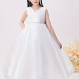 Glittering Flower Girl Dress - Elegant V-Neck Solid White Tulle Gown with Shimmering Beaded Waist - Perfect for Weddings, Pageants & Piano Performances