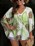 Plus Size Women's Fashionable Leaf Print Top - Flattering Batwing Sleeves & V-Neck Design - Versatile, Breezy Blouse for Daily & Casual Wear