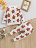 Baby Toddler Christmas Cute Gingerbread Cartoon Print Casual Outfits - 2pcs Sweatshirt Trousers Set