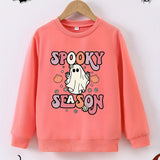 Ghostly Delight Long Sleeve Sweatshirt - Soft Cartoon Graphic Print, Comfy Round Neck, Casual Fashion for Girls - Spooky Season Essential