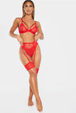 lovefery Mesh Bandage Lingerie 3 Piece Set