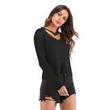 LOVEFERY New 2025 tops 2023 autumn hollow neck long-sleeved knitted sweater women's V-neck solid color sweater