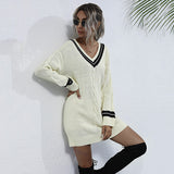 LOVEFERY 2025 V-neck pullover twisted sweater top loose contrasting color OL knitted thin sweater skirt