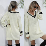 LOVEFERY 2025 V-neck pullover twisted sweater top loose contrasting color OL knitted thin sweater skirt