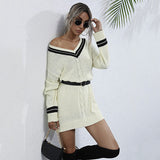 LOVEFERY 2025 V-neck pullover twisted sweater top loose contrasting color OL knitted thin sweater skirt