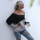 LOVEFERY New  Hot Trade Women's Clothing popular Color Combination Long Sleeve Knitted Sweater Loose Off-Shoulder One-Neck Top