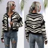 LOVEFERY women's clothing Hot new knitted sweater jacket short contrasting stripes splicing cardigan short