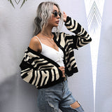 LOVEFERY women's clothing Hot new knitted sweater jacket short contrasting stripes splicing cardigan short