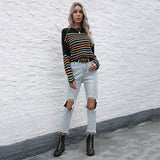 LOVEFERY popular New Autumn Crew Neck Pullover Long Sleeve Fashion Temperament Color Striped Top Women's Hot Trade Knitted Sweater Women's