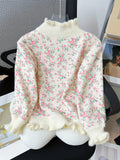 Adorable Floral Print Half Turtleneck Sweater - Soft Thick Fleece, Imitation Mink Lining, Cute Small Floral Pattern, Autumn and Winter Essential, Cozy and Warm for Girls