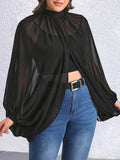 Plus Size Elegant Mock Neck Split Blouse - Flattering Chic Design with Dramatic Lantern Sleeve - Ideal for Spring & Fall, Comfortable Fit for Curvy Women