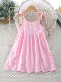 100% Cotton Elegant Girls Sling Dress with Hollow-Out Embroidered Lace-up Straps, Regular Fit, Solid Color, Non-Stretch Fabric, Perfect for Summer