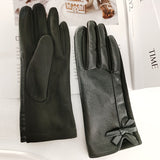 Monochrome PU Leather Gloves Stylish Bow Decor Touchscreen Gloves Autumn Winter Thick Soft Warm Waterproof Driving Gloves