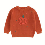 Cozy Pumpkin Pattern Toddler Sweater - Soft Chunky Knitwear, Long Sleeve, Round Neck, Warm Pullover for Boys and Girls - Perfect for Halloween, Autumn, and Winter Season