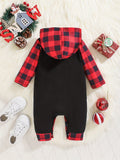 Baby's MY 1ST CHRISTMAS Print Casual Hooded Plaid Pattern Long Sleeve Romper, Toddler & Infant Boy's Bodysuit For Autumn And Winter Outdoors