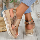 lovefery - Gold Casual Hollowed Out Patchwork Fish Mouth Out Door Wedges Shoes (Heel Height 1.97in)