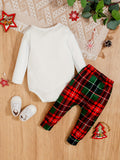 2pcs Baby Boys Christmas Elk Long Sleeve Onesie Top + Contrast Color Plaid Footed Trousers Set