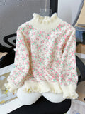 Adorable Floral Print Half Turtleneck Sweater - Soft Thick Fleece, Imitation Mink Lining, Cute Small Floral Pattern, Autumn and Winter Essential, Cozy and Warm for Girls