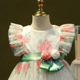 Elegant Summer  Floral Princess Dress for Girls - Durable, Knee-High with Flutter Sleeves & Belt