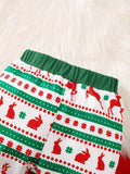 Christmas Baby Boy Romper Set Green Cute Round Neck Santa Claus Print Romper Long Sleeve Knitted Top + Elk Print Trousers Set, For Outdoor