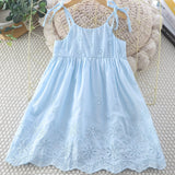 100% Cotton Elegant Girls Sling Dress with Hollow-Out Embroidered Lace-up Straps, Regular Fit, Solid Color, Non-Stretch Fabric, Perfect for Summer