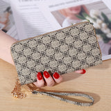 Retro Double Zipper Long Wallet With Wristlet, Heart Print Clutch Bag, Faux Leather Mobile Phone Purse