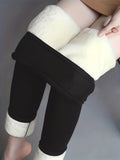 Plus Size Casual Leggings, Women's Plus Solid Liner Fleece Elastic High Rise Medium Stretch Leggings