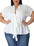 Chic Plus Size Peplum Blouse - Comfortable Casual Style with Flattering Notched Neck, Short Sleeves & Adjustable Belt for Women