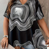 Plus Size Womens Stand Collar Marble Patterned Short Sleeve Casual Tunic Top - Non-Stretch Polyester Shirting with Notched Neck and Positioning Printing - Perfect for All Seasons