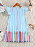 Summer Chic Girls' Crayon-Striped Dress - Knee-High Fit & Flare with Comfort Stretch, Flying Sleeves for School & Play