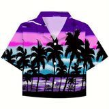 Women's Fitted Waist Casual Crop Top, Coconut Tree Print, Lapel Neck, Women's Polo Shirt