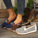 Cozy Womens Slip-on Loafers - Soft Flannel Lining, Comfortable Low Top Design, Metallic Buckle Detail, TPR Sole, All-Season Wear