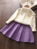 Girls Knit Cardigan Sweater & Pleated Skirts Set Baby Kids Clothes For Spring Fall