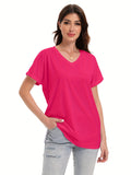 Loose Fit V-neck T-shirts For Women With Rolled Sleeves, Short Sleeves, And Split Summer Tops