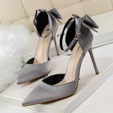 LoveFery Women's Pointed Toe Satin Hollow Back Bow Heels