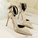 LoveFery Women's Pointed Toe Satin Hollow Back Bow Heels