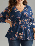 Plus Size Floral Charm - Flattering Shirred Waist Blouse with Charming Print - Stylish V Neck 3/4 Sleeve Top for Spring & Fall - Trendy Womens Plus Size Clothing