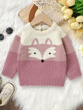 Cute Cartoon Fox Long Sleeve Baby Sweater - Soft Medium Stretch Acrylic Knit Fabric, Rib-Knit Crew Neck, Pullovers, Raglan Sleeve - Hand Washable, Perfect for Fall/Winter Season