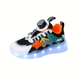 Rechargeable Luminous LED Sneakers - Radiant, Breathable, Non-Slip, Shock-Absorbing Shoes with Rotating Button - Perfect for Active Boys, Ideal for Outdoor Running, Walking, and Playing