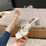 Summer Women's Club Square Toe Pendant Rhinestone Snake Pattern White Heel Sandals Wedding Party Shoes