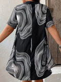 Plus Size Womens Stand Collar Marble Patterned Short Sleeve Casual Tunic Top - Non-Stretch Polyester Shirting with Notched Neck and Positioning Printing - Perfect for All Seasons