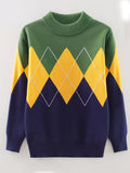 Vibrant Kid's Argyle Jacquard Sweater - Soft Preppy Cable Knit Long Sleeve Top with Colorful Clash Pattern - Perfect Boy's Fall Winter Clothing for Casual Daily Wear or Gift Idea