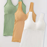 3pcs, Women's Solid Color Inner Casual Bottoming Beautiful Back Top Push-up Sleeveless Camisole With Chest Pads