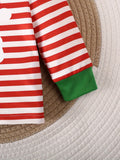 Cute Baby Boys Christmas Party Clothes Set, 2-piece Cute Santa Stripes Print Long Sleeve Pullover & Elastic-waist Pants, With Green Slice, Festive Comfy Boys Toddlers Outfits, Outdoor Cloth