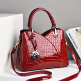 Luxurious Crocodile Patterned Tote Bag - Zipper Closure, Checkered Design, Polyester Lining, PU Material, Edge Painted - Elegant Satchel with Cherry Pendant Accent