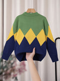 Vibrant Kid's Argyle Jacquard Sweater - Soft Preppy Cable Knit Long Sleeve Top with Colorful Clash Pattern - Perfect Boy's Fall Winter Clothing for Casual Daily Wear or Gift Idea