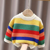 Vibrant Rainbow Striped Kit Sweater - Soft, Thick, and Cozy Pullover for Boys and Girls - Classic Round Neck, Loose Fit, Winter Essential for Kids