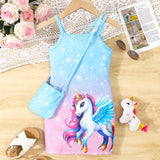 Girls Magical Unicorn Cami Dress - Soft & Stretchy Summer Sundress with Playful Suspenders - Ideal for Casual Wear